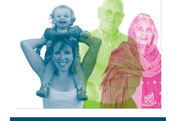 Healthwatch Sunderland report front cover, elderly man, elderly woman, young woman carrying a child