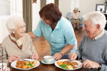 Senior couple being served a meal by carer