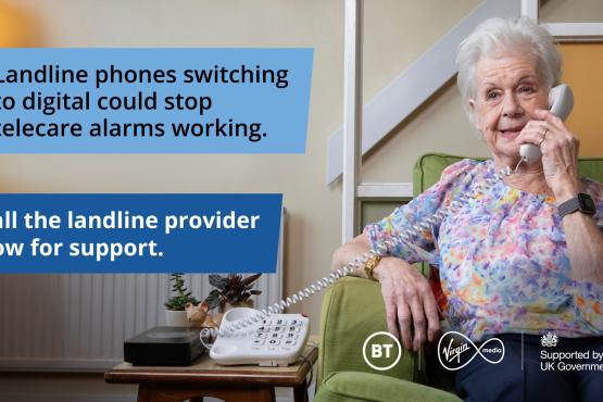 An elderly lady talking on the telephone