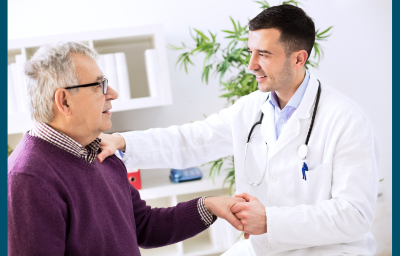 A doctor talking to a patient in his surgery practice