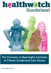 Healthwatch Sunderland report front cover, elderly man, elderly woman, young woman carrying a child